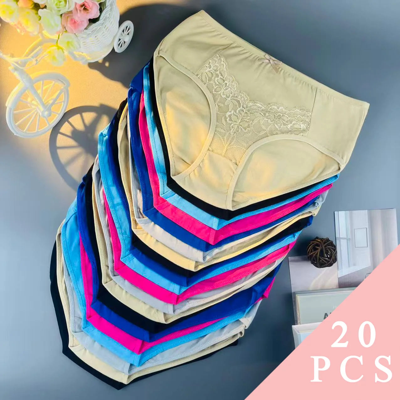 20PCS high-waisted panties with body-shaping design, breathable underwear for women, plus-size solid color lace lingerie