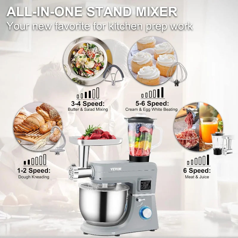 VEVOR Stand Mixer, Multifunctional Electric Mixer with 6 Speeds LCD Screen Timing, 7.4 Qt Stainless Bowl, Meat Grinder,Juice Cup