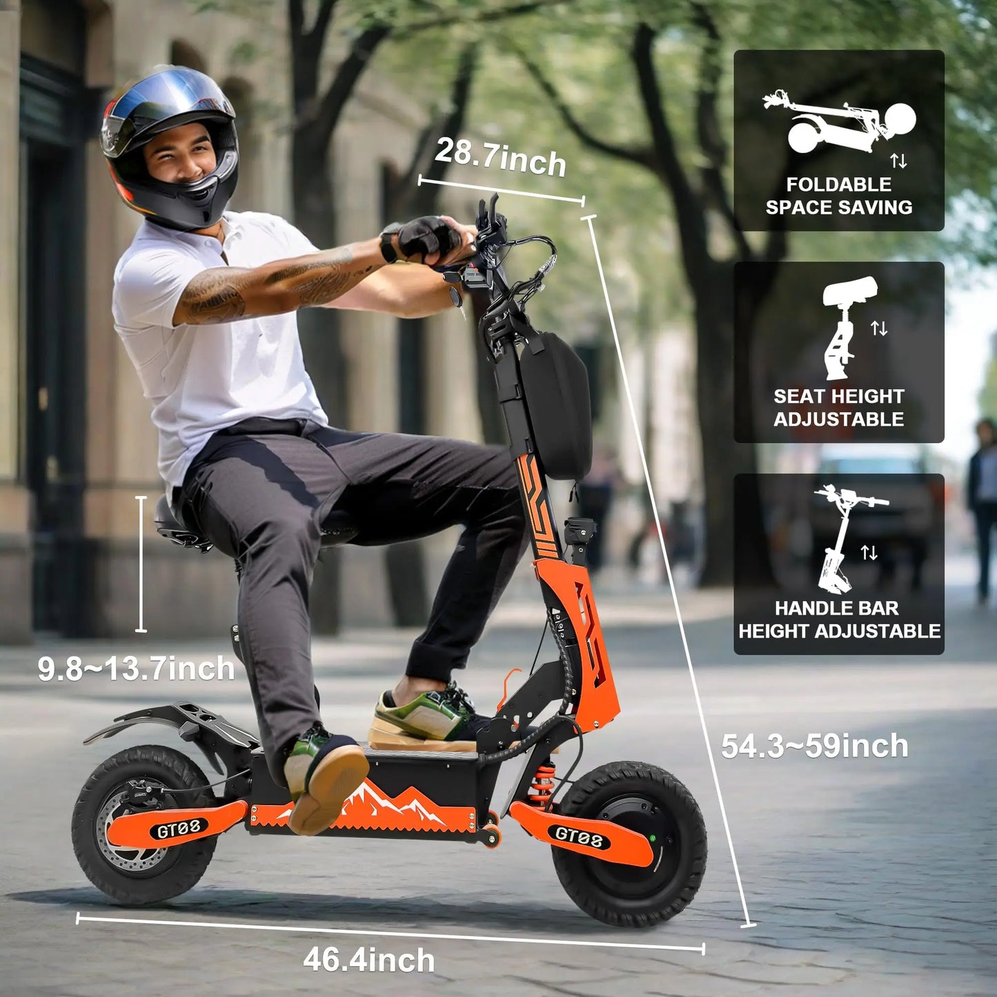 GT08 5600W Adult Electric Scooter Dual Motor Top Speed 50MPH,60V27AH, 11-inch Off-Road Tires Sport Folding eScooter with Seat