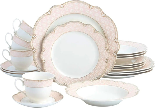 Porcelain Dinnerware Set for 4-20 Piece Gorgeous Dish Set - White with Vintage Pink Design - Plates and Bowls with Cups - Dining