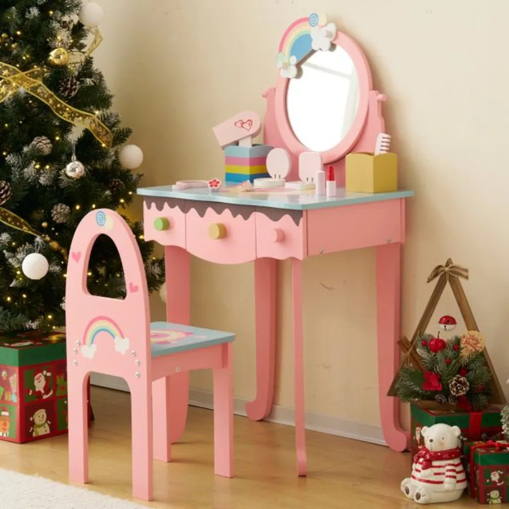 Kids Vanity Table and Chair Set with 7 Pieces Pretend Play Makeup Toys Mirror and Stool for Toddlers Girls Pink