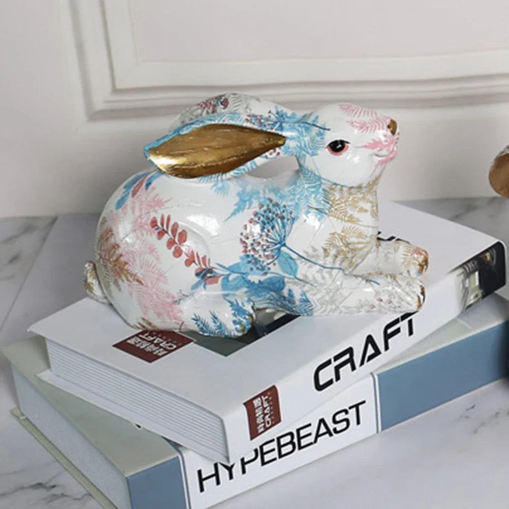 Cute Rabbit Statue Resin Bunny Sculpture Home Room Decorative Art Ornaments Painted Jade Rabbit Figurines Easter Decoration Gift