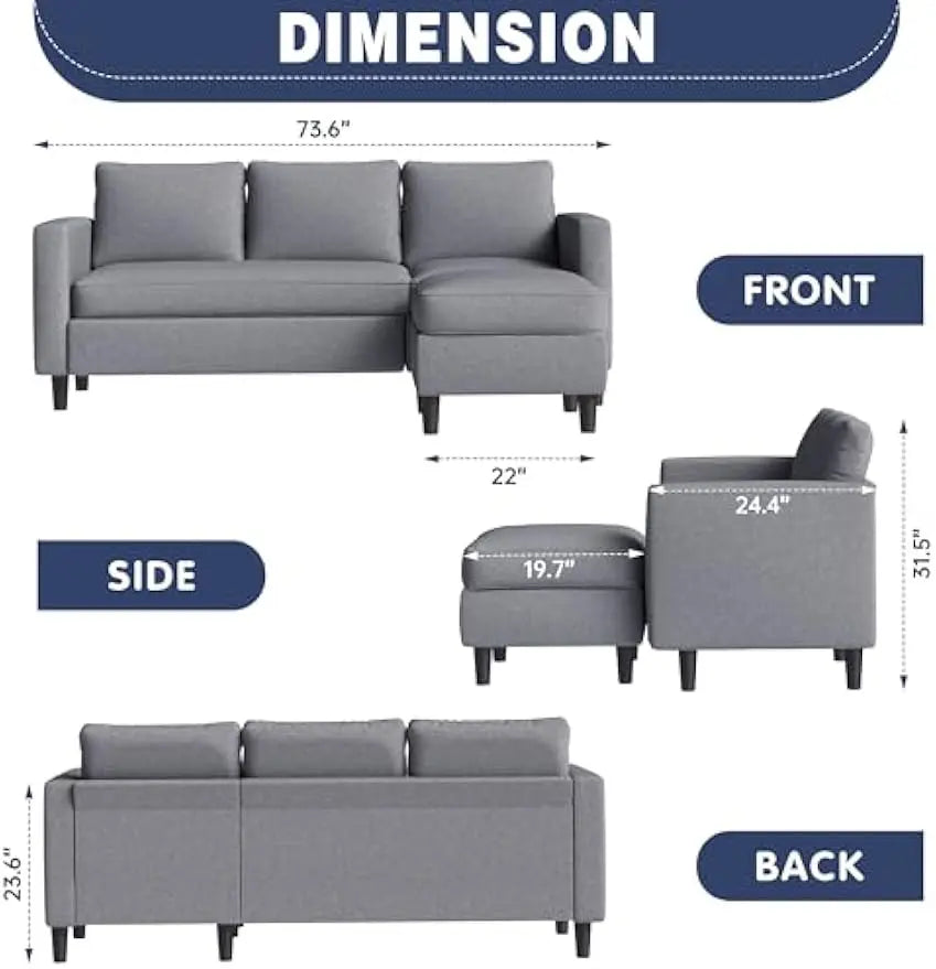 Shintenchi Small Sectional Couch with Ottoman 3 Seat L Shaped Sofa Fabric Upholstered for Apartments Living Room