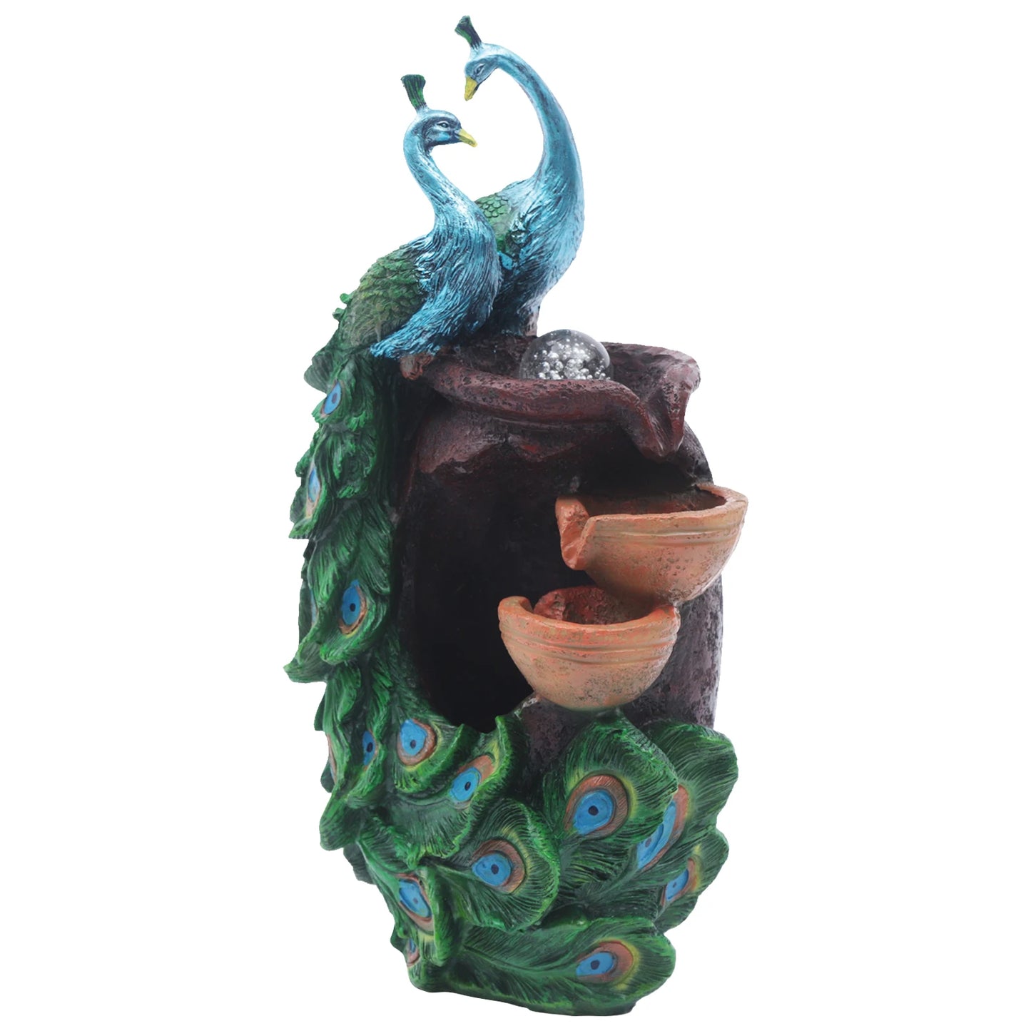 Peacock Waterfall Fountain Desktop Ornament Indoor Feng Shui Water Sound Decor, Rockery Waterfall Resin Fountain Ornament Decor
