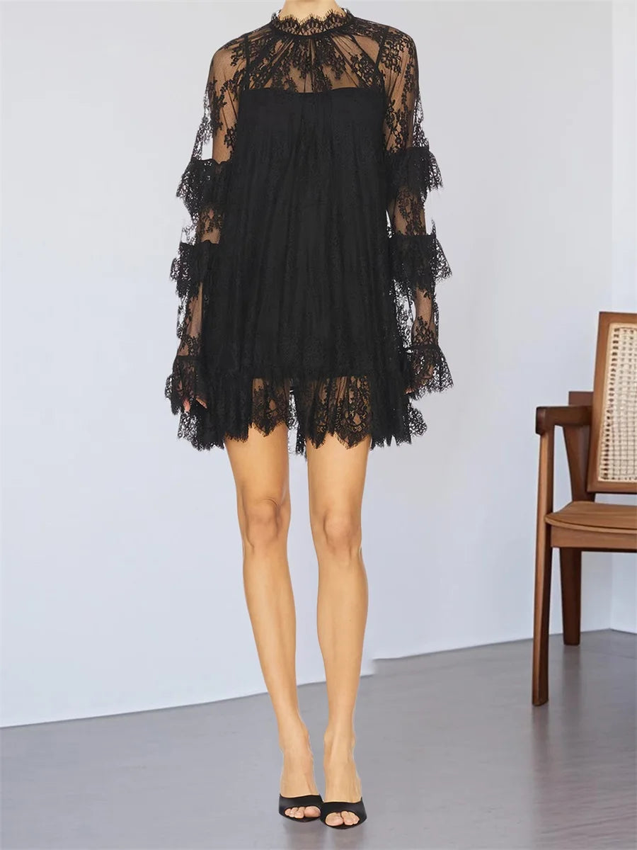 Elegant Floral Lace Dress V-Neck Long Sleeve A-Line Cocktail Dress with Belt Vintage Retro Party Mini Dress for Women
