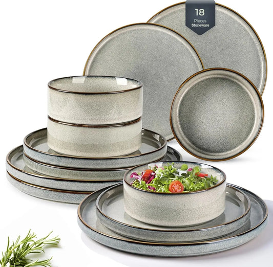 Ceramic Dinnerware Sets for 6, 18 Pieces Stoneware Plates and Bowls Sets, Reactive Glaze Stackable Dish Set -Scratch Resistant,