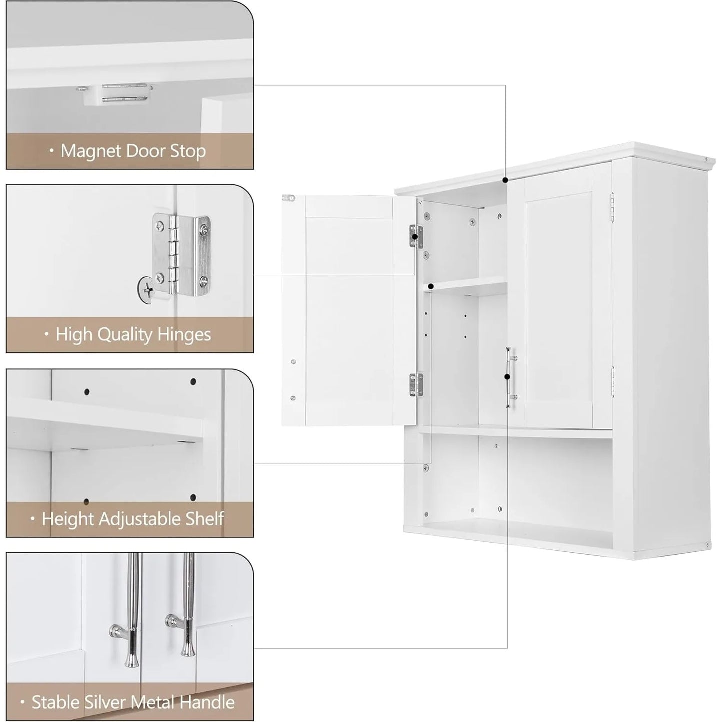 Bathroom Wall Cabinet Over The Toilet Wall Mount Storage Medicine Laundry Cabinet with Two Doors and Three Adjustable Shelves