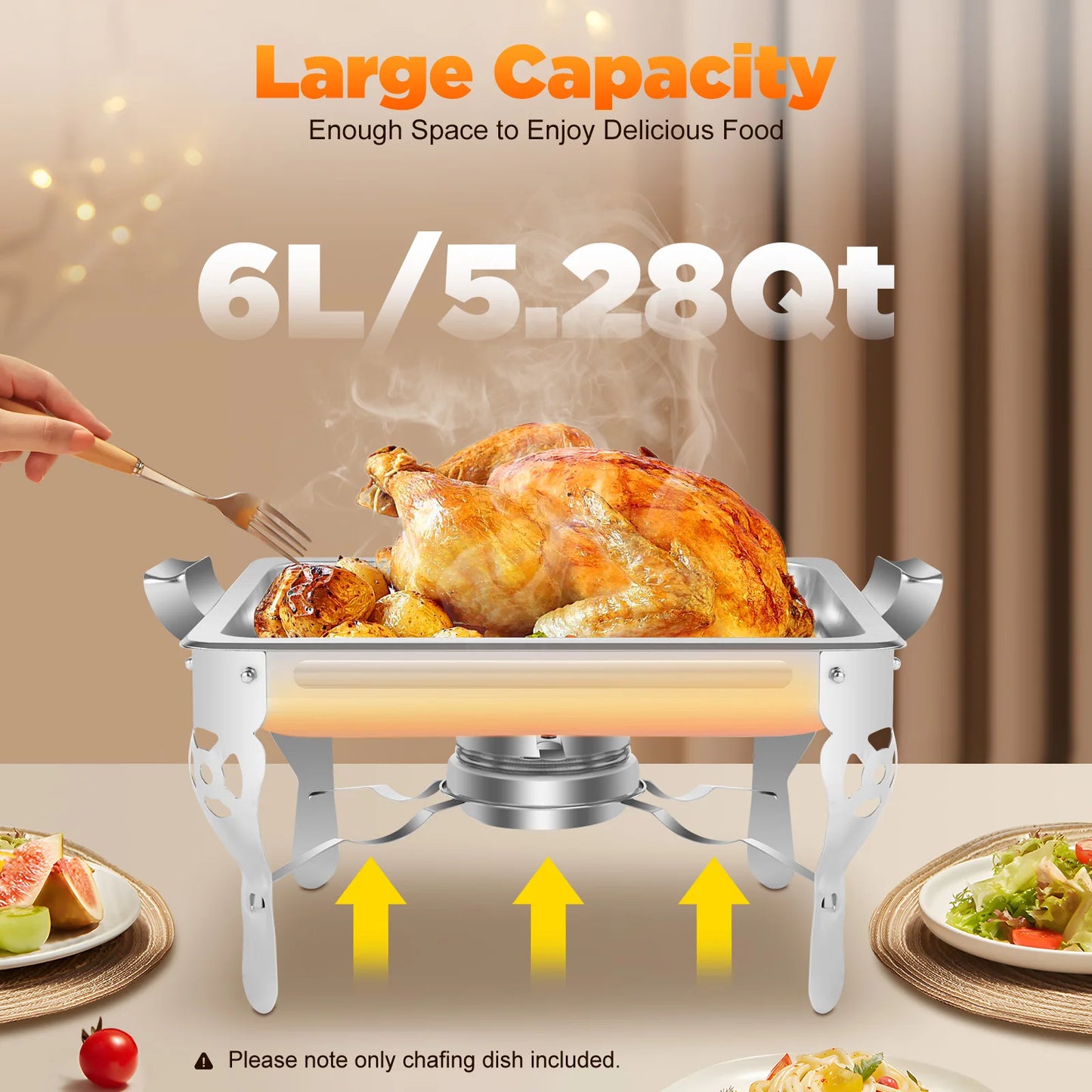 Stainless Steel 6L Chafing Dish, Buffet Warmer for Catering and Parties