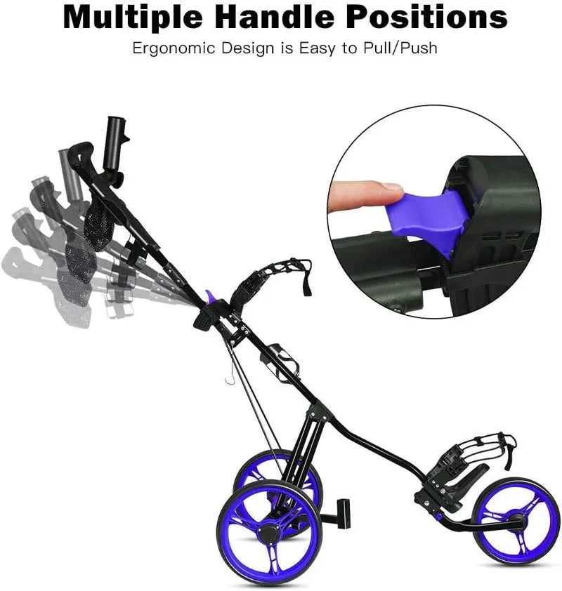 GRAFFY Golf Push Cart with Seat, 3 Wheel Golf Pull Cart with Height-Adjustable Handle, Lightweight Folding Golf Trolley