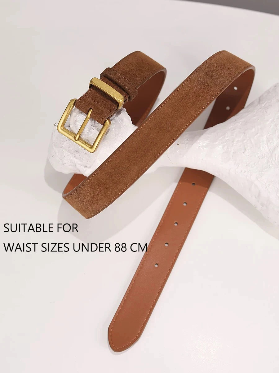 Luxury Suede Cowhide Belt for Women Gold Buckle 3.3cm Wide