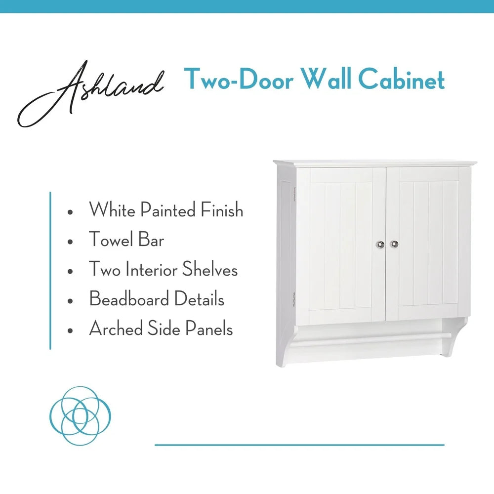 Two Door Wall Mount Bathroom Cabinet Storage with Towel Bar Mirrored Knobs Medicine Cabinet Laundry Room Organizer White