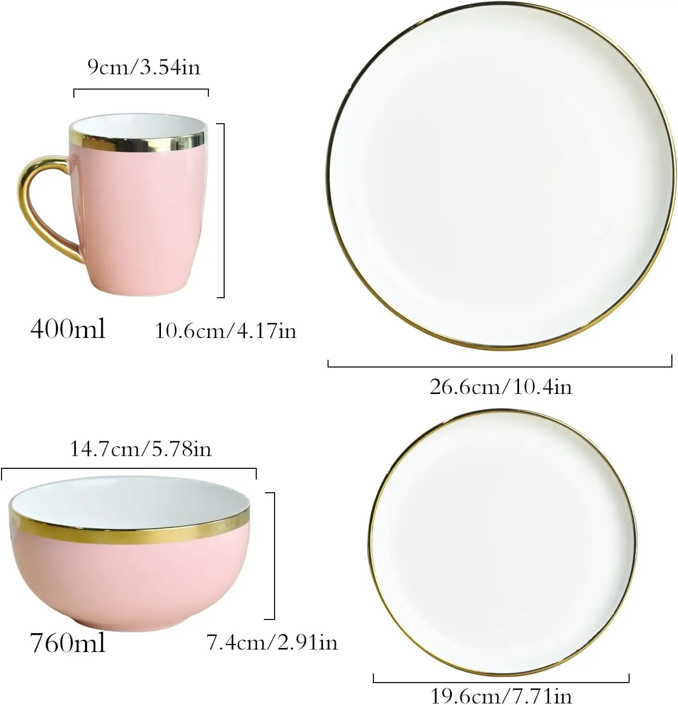 Pink Dinnerware Sets for 4 Ceramic, 16-Piece Luxury Plates and Bowls Sets with Gold Rim, Modern Dish Set for Wedding Christmas A