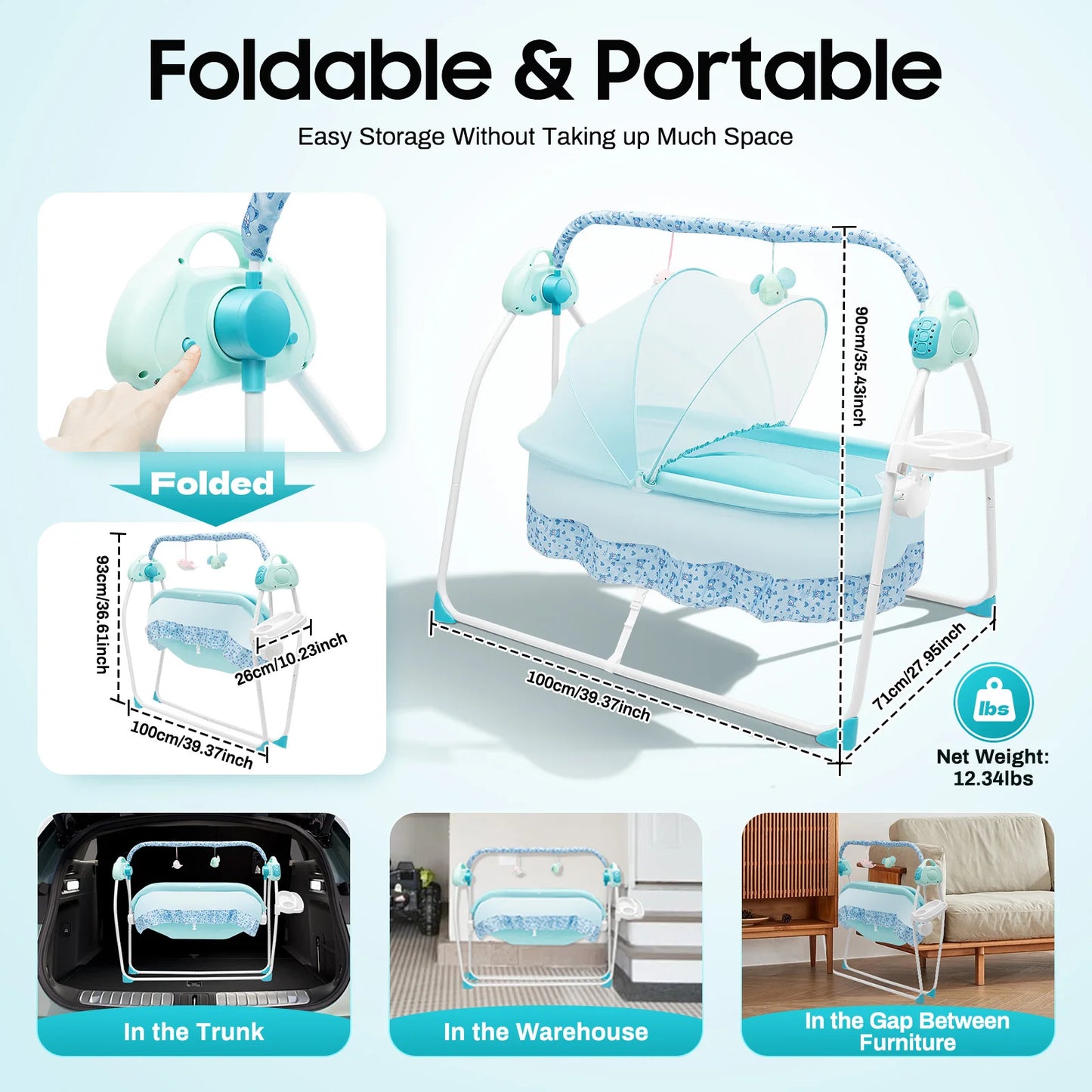 Electric Baby Crib Cradle Auditory Remote Control Foldable Auto-Swing Rocking Bassinet Sleep Bed Infant U-Shaped Strap/Buckles