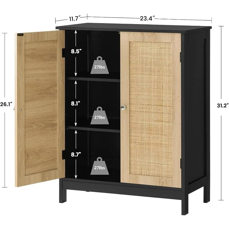 Storage Cabinet with Rattan Doors Adjustable Shelf Floor Cabinet for Living Room Entryway and Kitchen