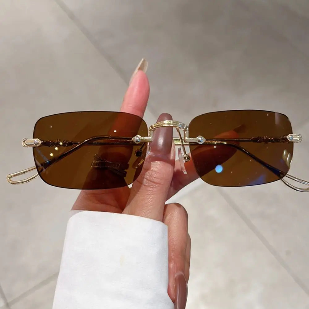 Rimless Sunglasses Men Women Wooden Pattern Luxury Brand Retro Square Sun Glasses Fashion Shades UV400 Travel Outdoor Eyewear