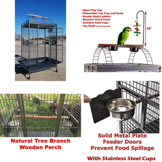 large deluxe bird cage for parrots, finches, and cockatoos - wrought iron, rolling, 28x22x75