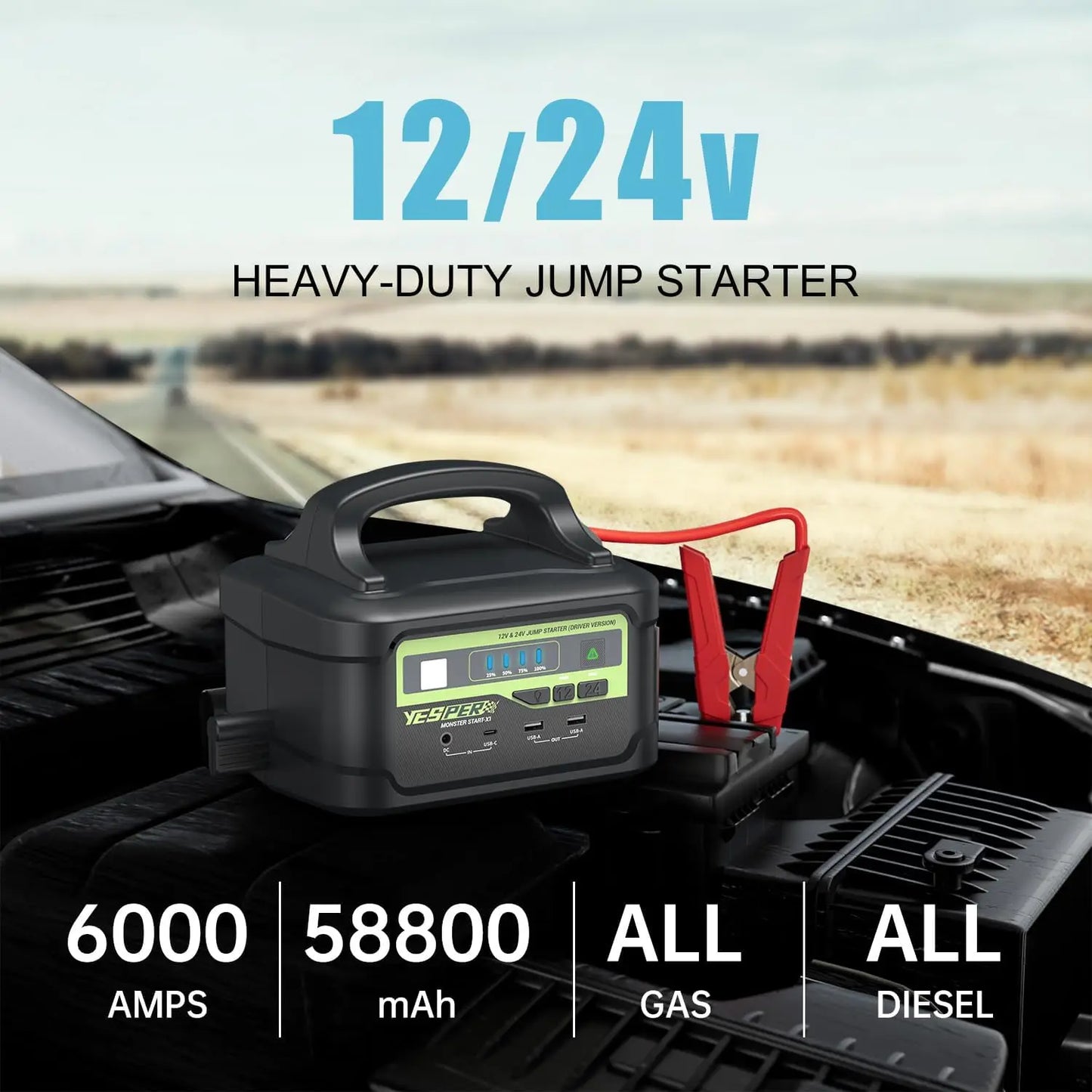 YESPER Car Jump Starter 6000A Peak, Portable 12V/24V Heavy Duty Truck Jumper Box, 58800mAh Battery Power Station