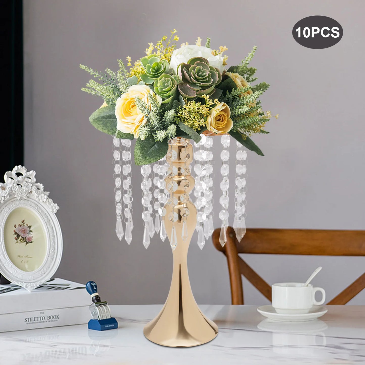 10 PCS Golden/Sliver Crystal Flower Holders Centerpiece Metal Flower Vase with Stable Base for Wedding Party Event Decor