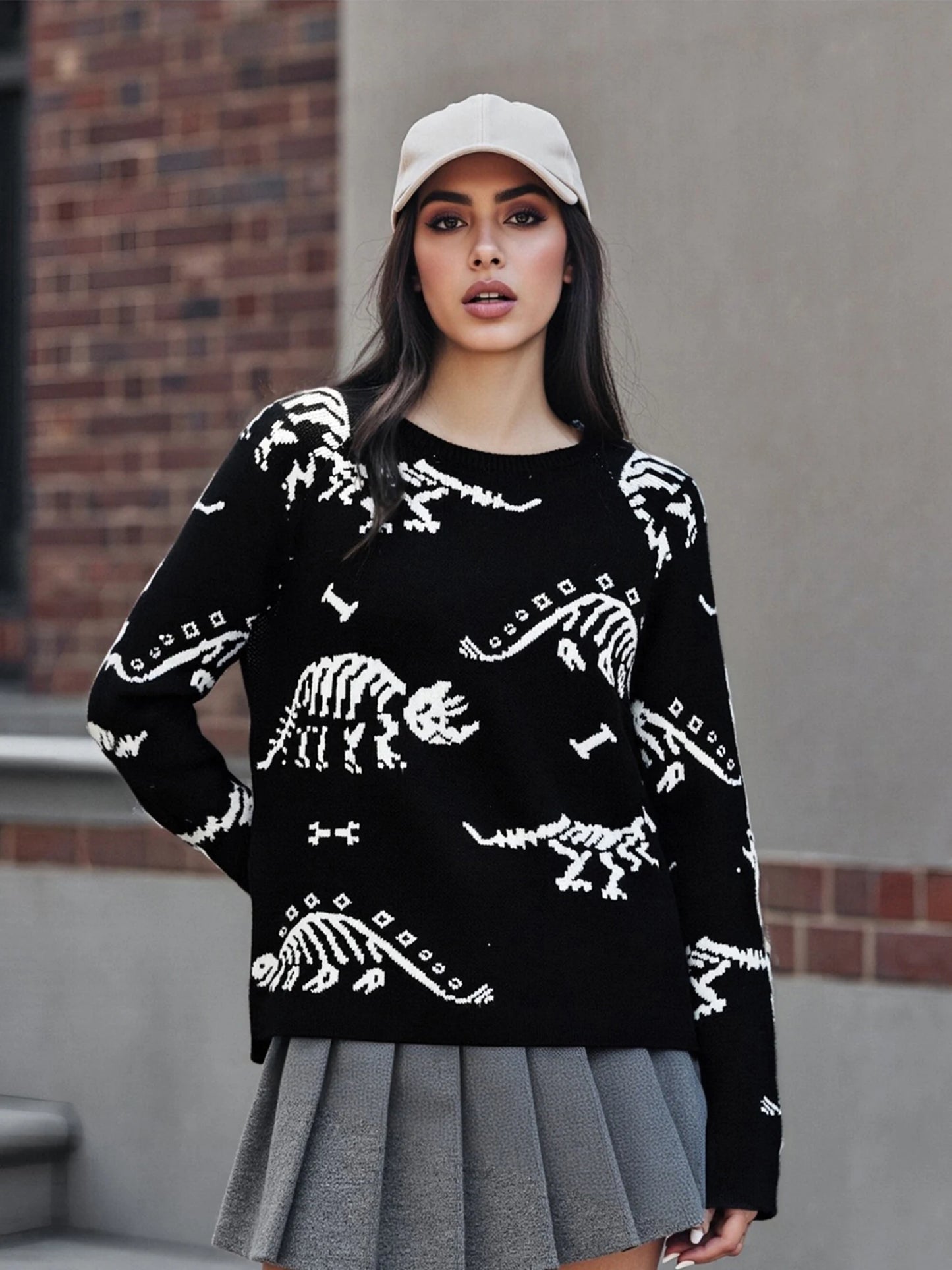 Women s Winter Cozy Sweater Adorable Cartoon Character Print Long Sleeve Crew Neck Knit Pullover Jumper