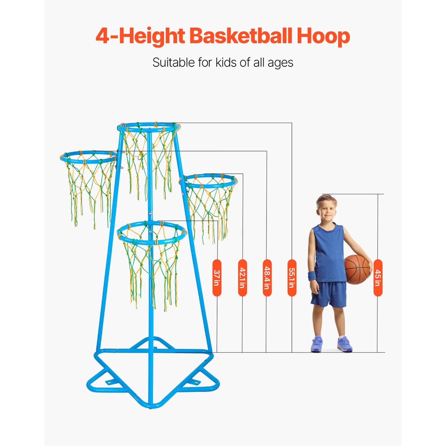 SucceBuy 4-Hoop Kids Basketball Hoop Stand with Adjustable Heights 3 Balls for Boys & Girls Indoor Outdoor Basketball Sport Toys