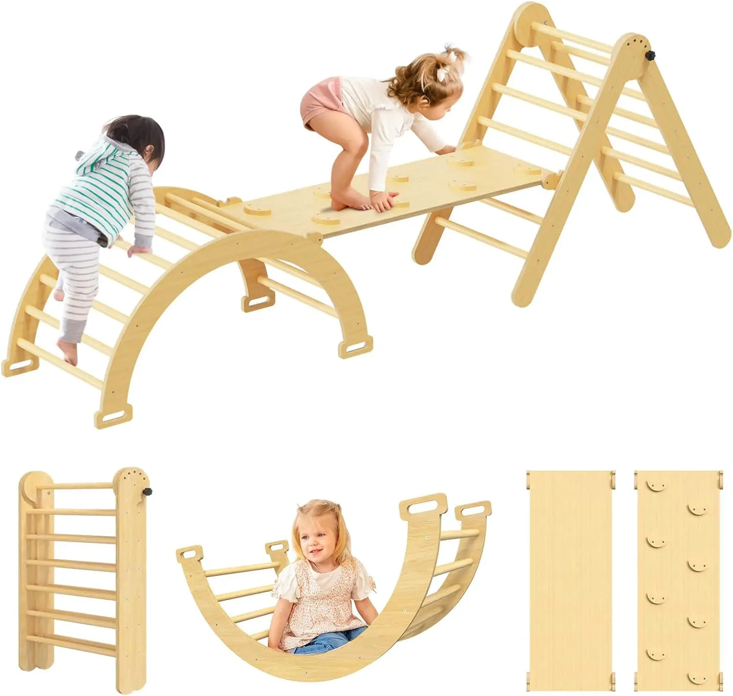 7 in 1 Pikler Triangle Set, Wooden Montessori Toddler Climbing Toys Indoor, Foldable Climbing Toys for Toddlers 1-3 Inside, 3 Pi