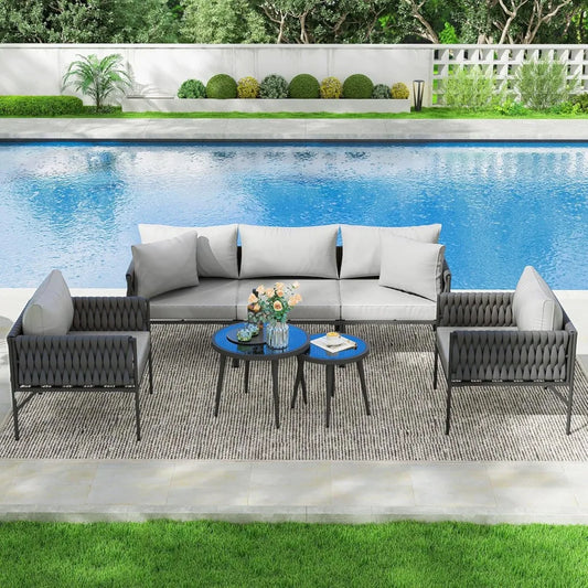 Aluminum 7-Piece Outdoor Patio Furniture Set, Conversation Sets with Comfortable Cushions, outdoor sectional and Tempered Glass
