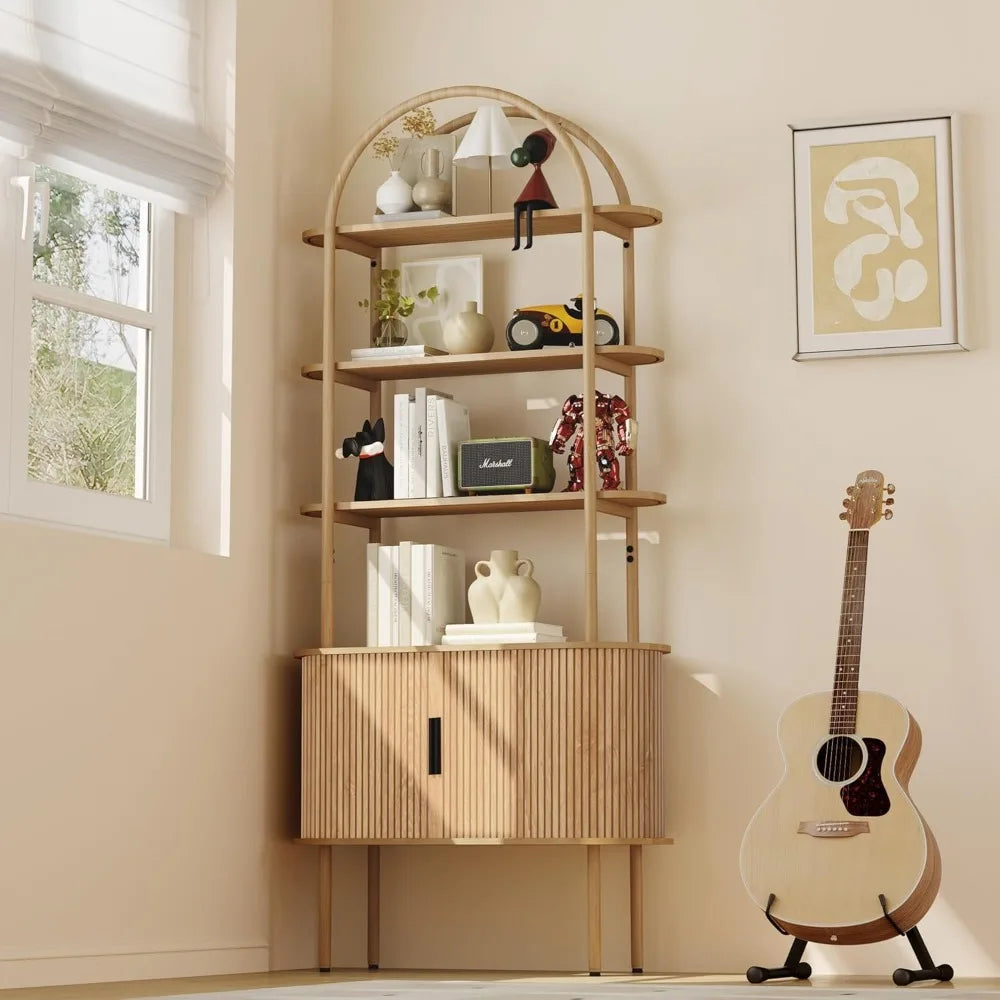 71" Tall Mid Century Modern Fluted Arched Bookshelf. Features sliding tambour doors and 4 - tier open storage. This curved books