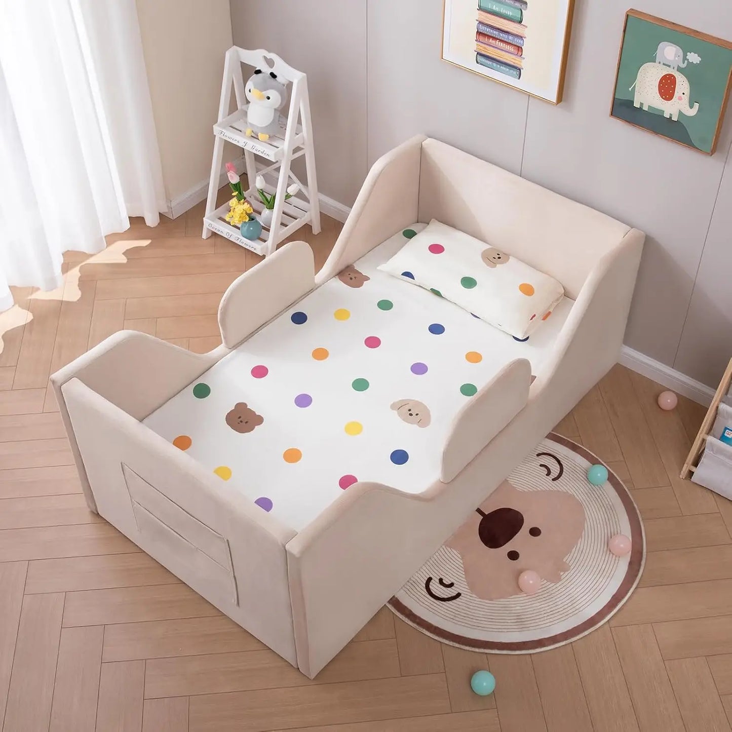 Toddler Floor Bed with Removable Safety Rails and Storage Bag, Kids Bed for Girl and Boys, Standard Crib Size, Safety Upholstere