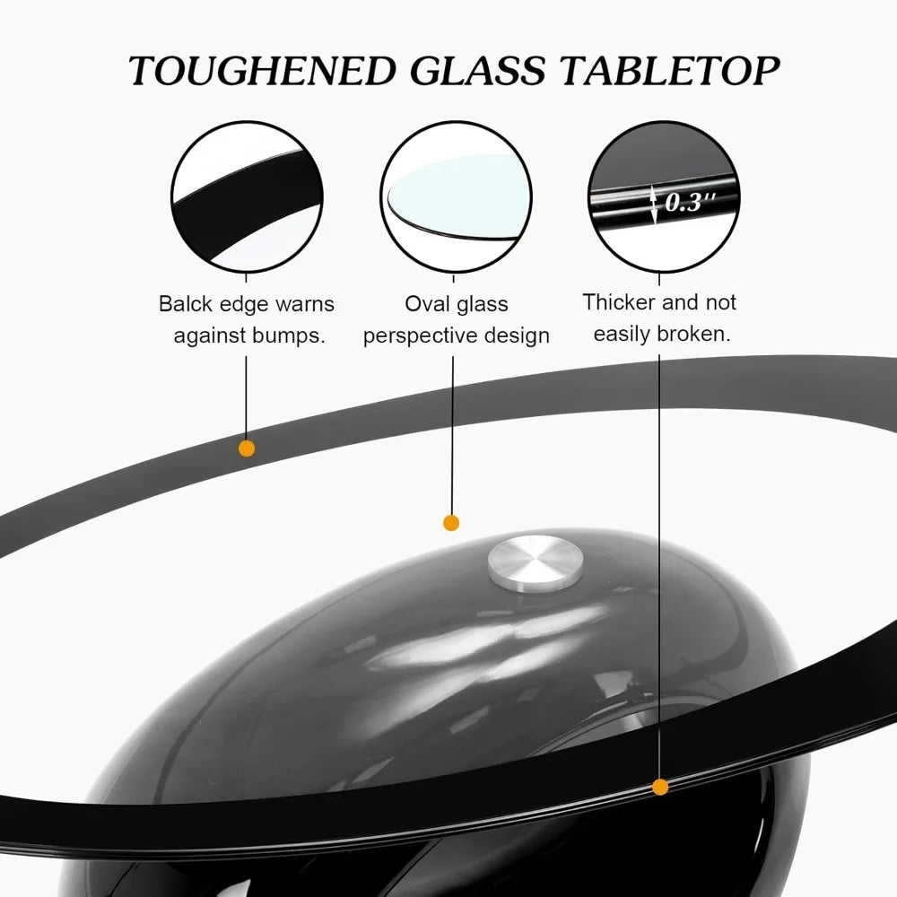 Oval Glass Coffee Table with High Gloss Hollow Base & Tempered Glass Top, Side Table for Living Room, Sitting Room, Black Uniqu