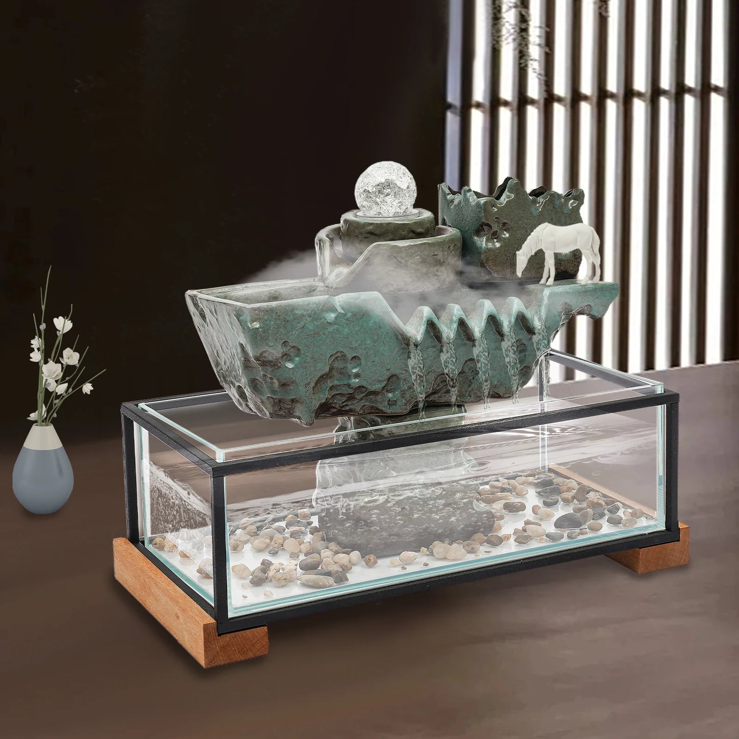 Zen Tabletop Water Fountain with Mist & LED Lights – Indoor Relaxation Decor - Fish Tank for Good Luck & Wealth for Home, Office