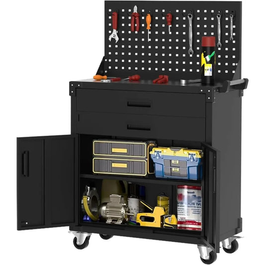 Tool Chest Cabinet Mobile Garage Workbench - 35" High with 2 Drawers, Pegboard,Heavy Duty Metal Rolling Design, Adjustable Shelf