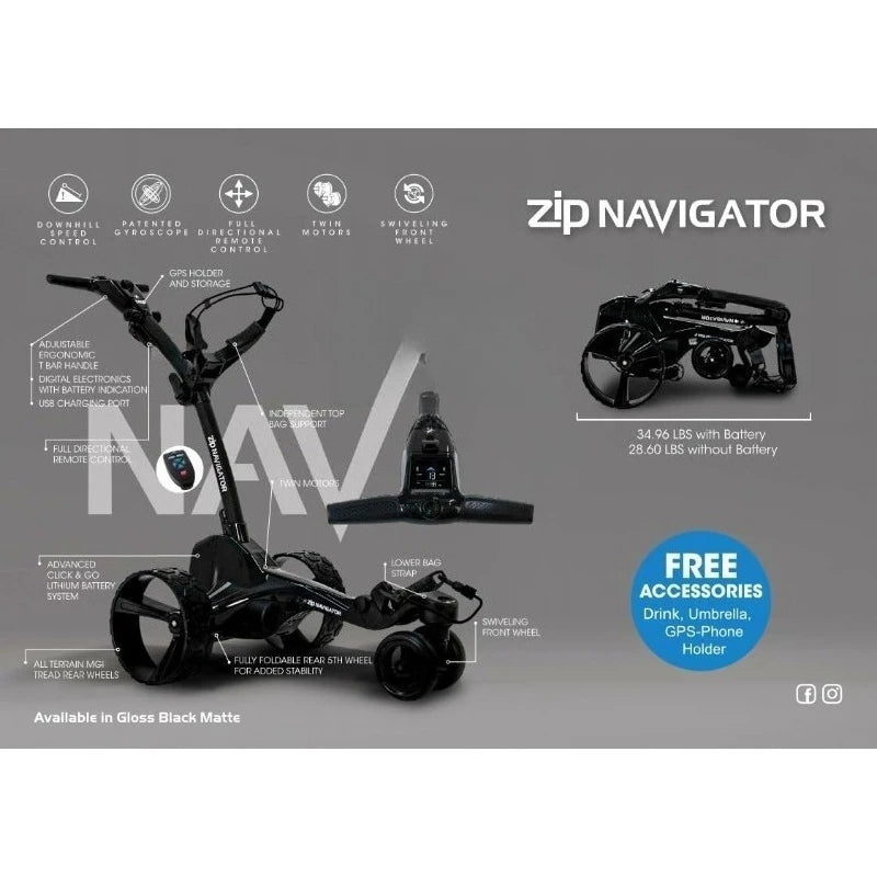 Zip Navigator Electric Golf Cart - 36 Hole Battery - Remote Control - (Drink, Umbrella, & GPS Phone)