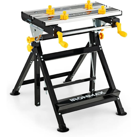 IRONMAX Portable Workbench, Folding Work Table with 7-Level Height Adjustable, 8 Sliding Clamps and Reclining, Folding Workbench