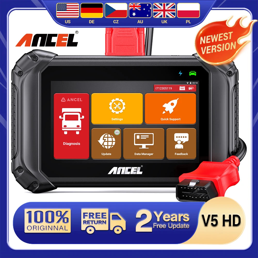 ANCEL V5 HD Heavy Duty Truck Scanner Semi Truck Full System Diagnostic Bidirection Diesel for Cummins/Detroit/Caterpillar/Paccar