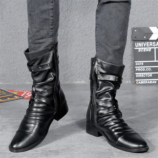 Men's Punk Gothic Rivet Motorcycle Boots Faux Leather Black
