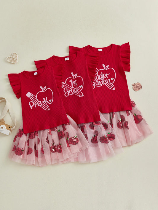 Cute Toddler Girls Back to School Outfits with Flutter Sleeve Apple Print Tops and Tulle Skirt Set - Adorable Baby Clothes for