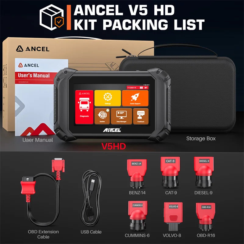 ANCEL V5 HD Heavy Duty Truck Scanner Semi Truck Full System Diagnostic Bidirection Diesel for Cummins/Detroit/Caterpillar/Paccar