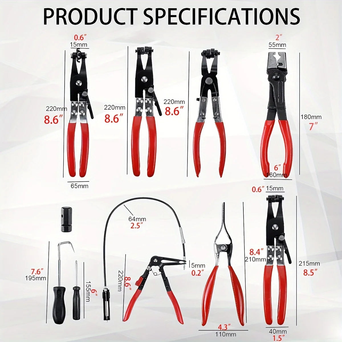9pcs Wire Long Reach Hose Clamp Pliers Set Fuel Oil Water Hose Auto Tools,Hose Clamp Pliers for Fuel Oil & Water Hoses,Red