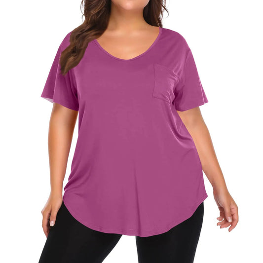 Plus Size Women's Tunic Tops Solid Color Large Size V-neck Loose T-Shirt With Pocket Summer Casual Basic Tee t shirts