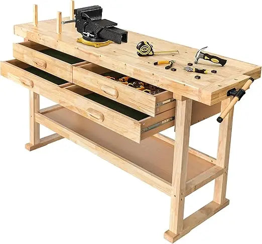 60-Inch Wooden Workbench - Rubberwood Workbench with 4-Drawer, 450lbs Weight Capacity - Perfect Workbench for Garage, Workshop