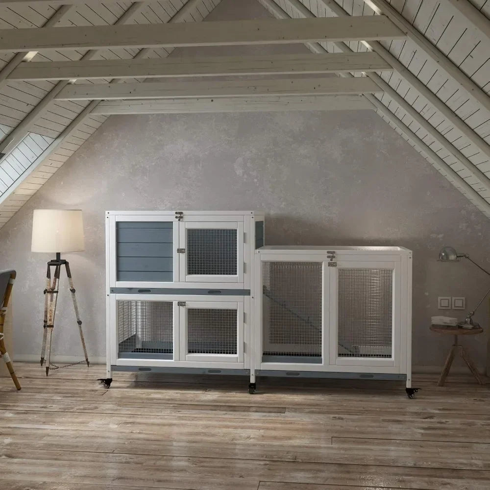 Two Floors 58" Wooden Indoor Bunny Hutch Rabbit Cage on Wheels Guinea Pig PET House for Small to Medium Animals