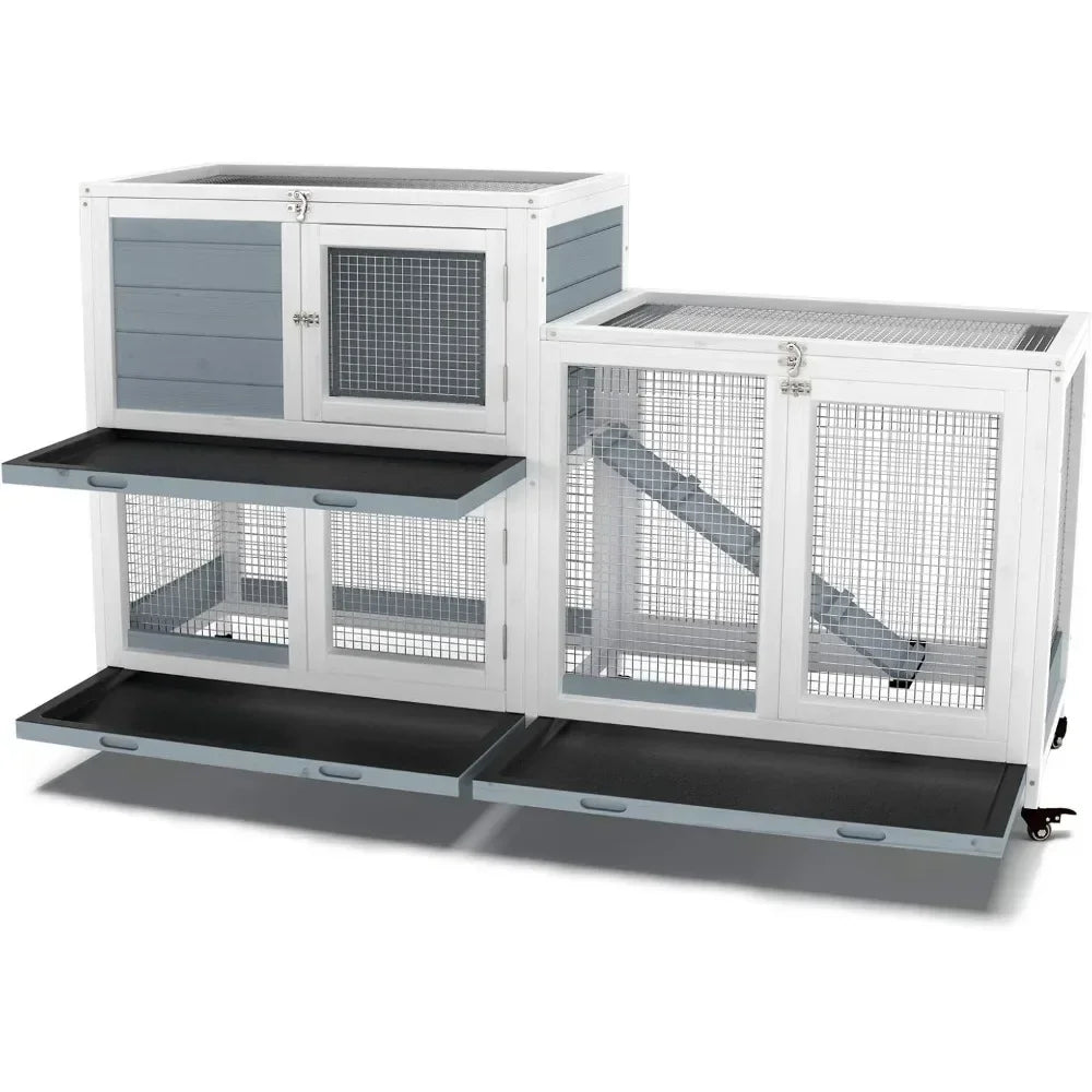Two Floors 58" Wooden Indoor Bunny Hutch Rabbit Cage on Wheels Guinea Pig PET House for Small to Medium Animals