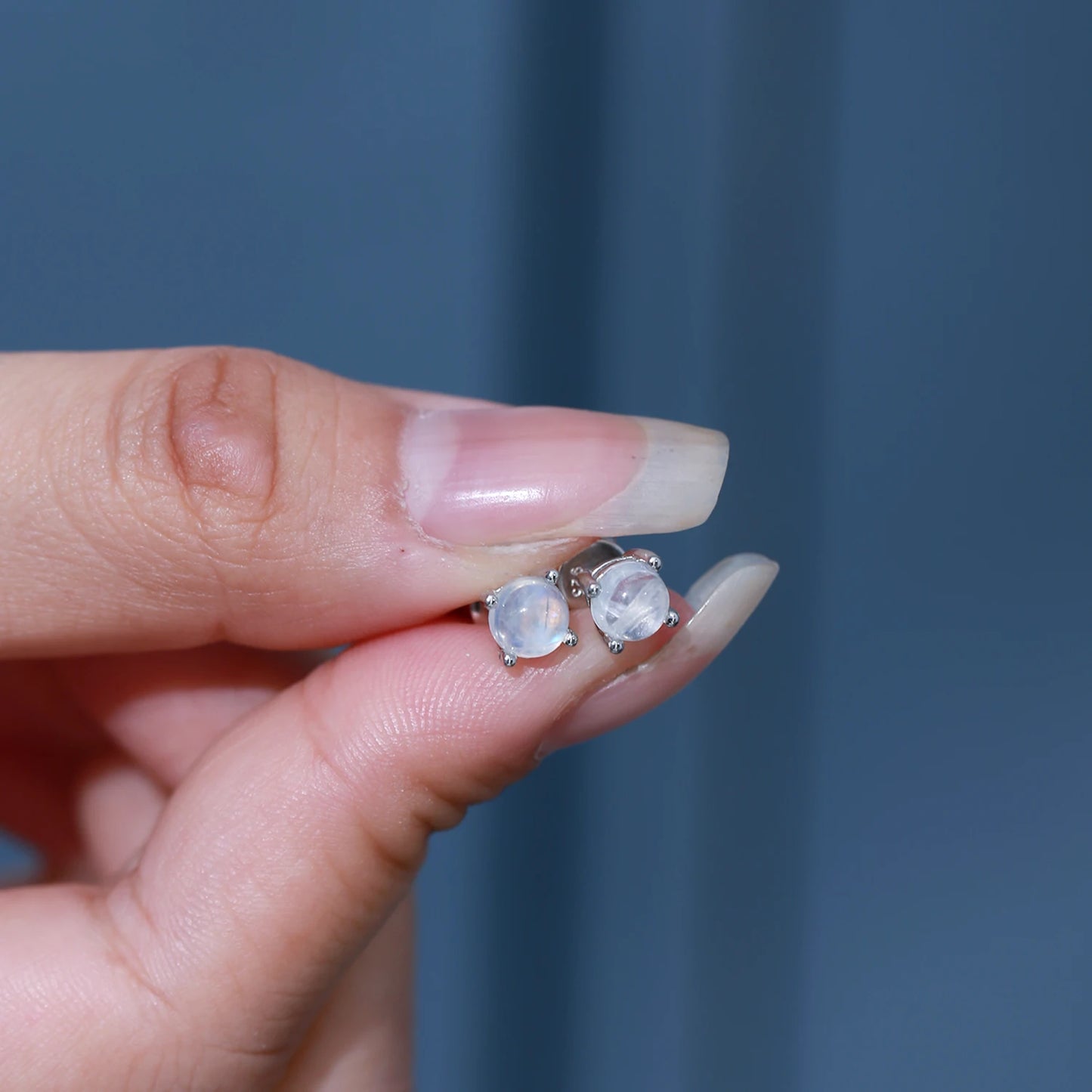 GEM'S BALLET June Birthstone 5mm Natural Milky Blue Moonstone Studs Earrings in 925 Sterling Silver Gemstone Handmade Jewelry
