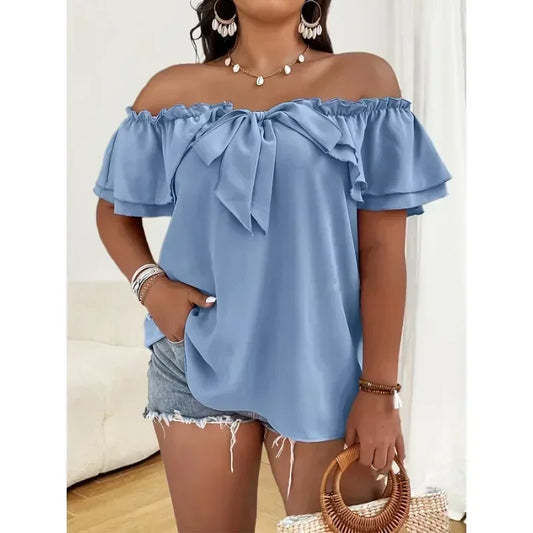 Women's Plus Size 1XL-5XL Summer  Casual Temperament Solid Color Ladies Fashion Short Sleeve Shirt One Shoulder Bow Top