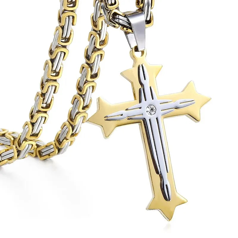 Hermah Mens Boys Gold Black Silver Color Stainless Steel Double Layer Cross Pendant w/ Clear Rhinestone Fashion Jewelry
