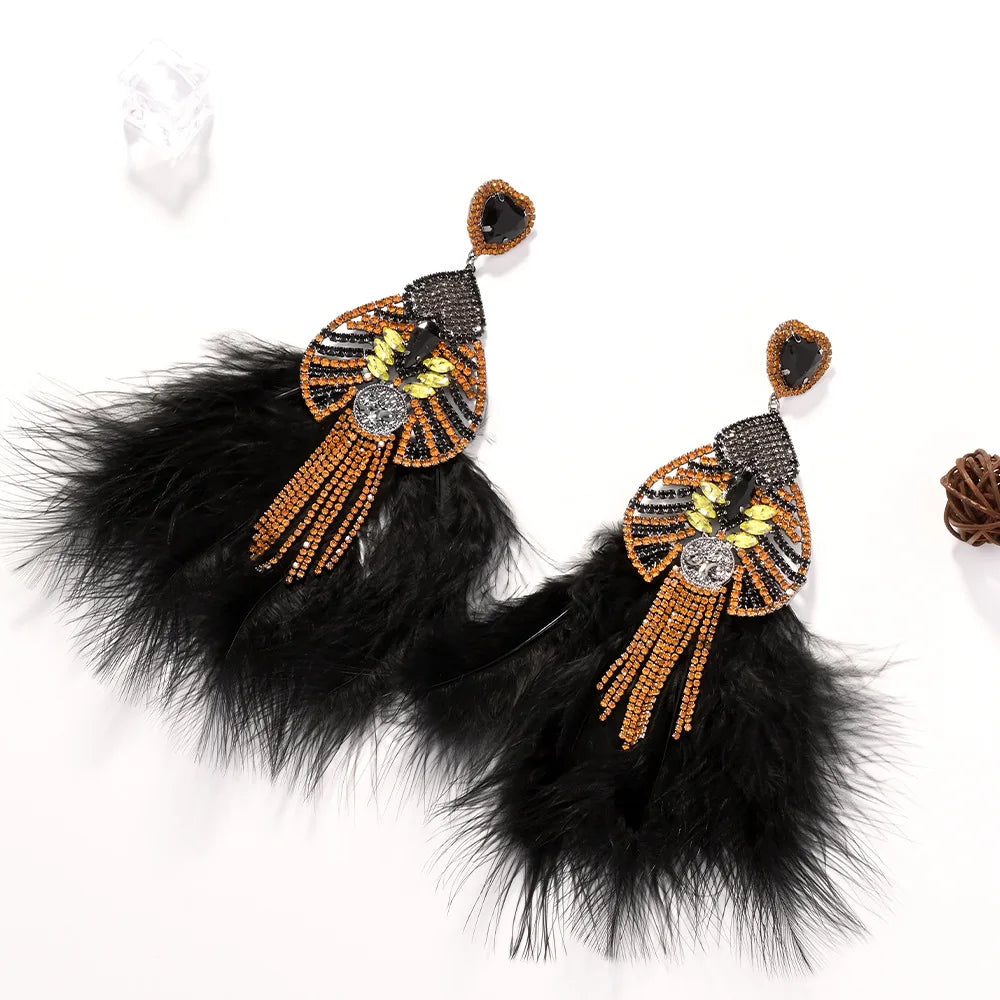 Stonefans Black Feather Dangle Earrings Oversize Statement Ear Accessories Fashion Hollow Rhinestone Hanging Earrings Drag Queen