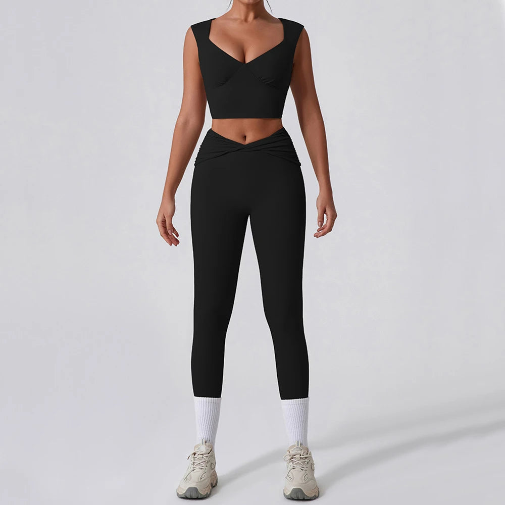2PCS Women Yoga Set Workout Pant Outfits Fitness Sportswear Gym Tracksuit High Waist Flare Leggings Sports Bra Athletic Wear