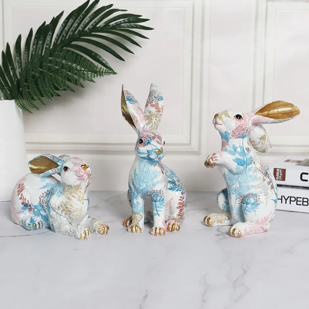 Cute Rabbit Statue Resin Bunny Sculpture Home Room Decorative Art Ornaments Painted Jade Rabbit Figurines Easter Decoration Gift