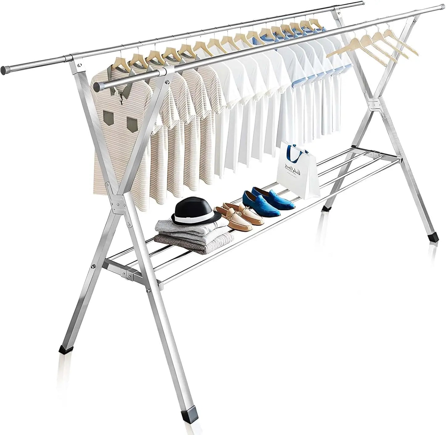 Clothes Drying Rack 2 Tiers Heavy Duty Foldable Stainless Steel Indoor Outdoor Laundry Drying Rack