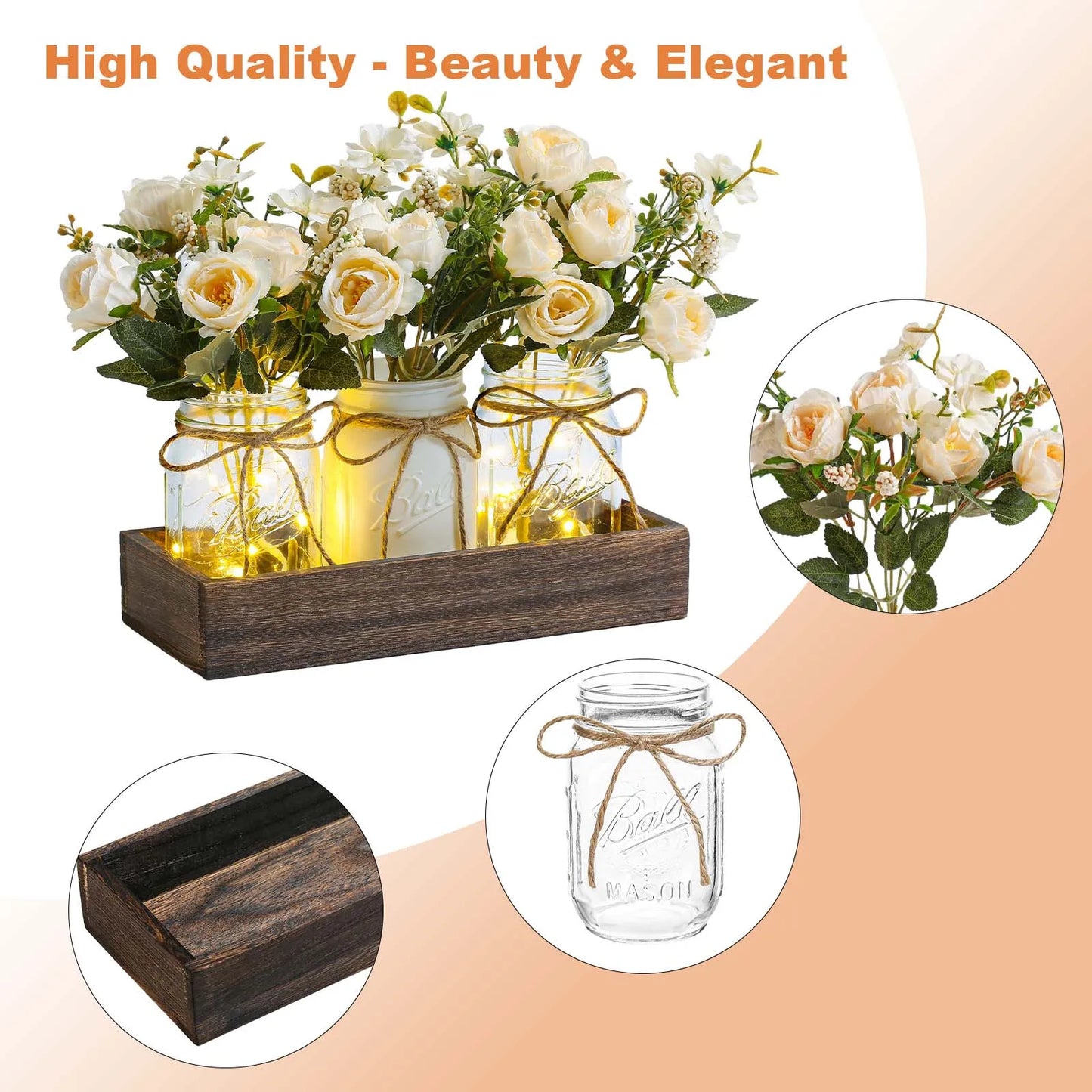 Artificial silk flowers with LED lights in a wooden box, artificial flowers with vase for home office desk kitchen decoration, V